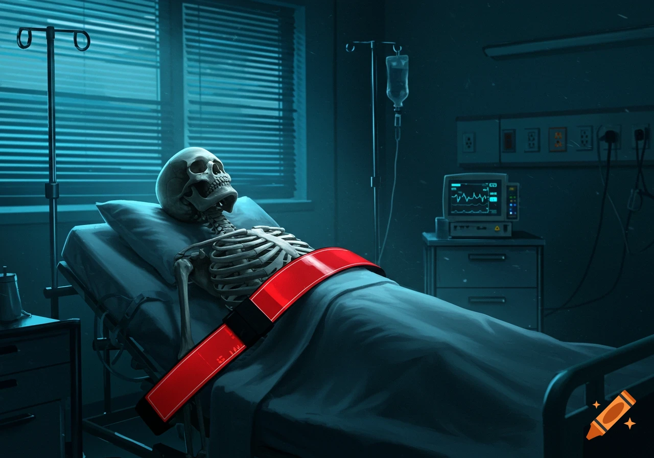Stylized illustration of a skeleton in a hospital bed, wearing a red reflective belt, with medical equipment.