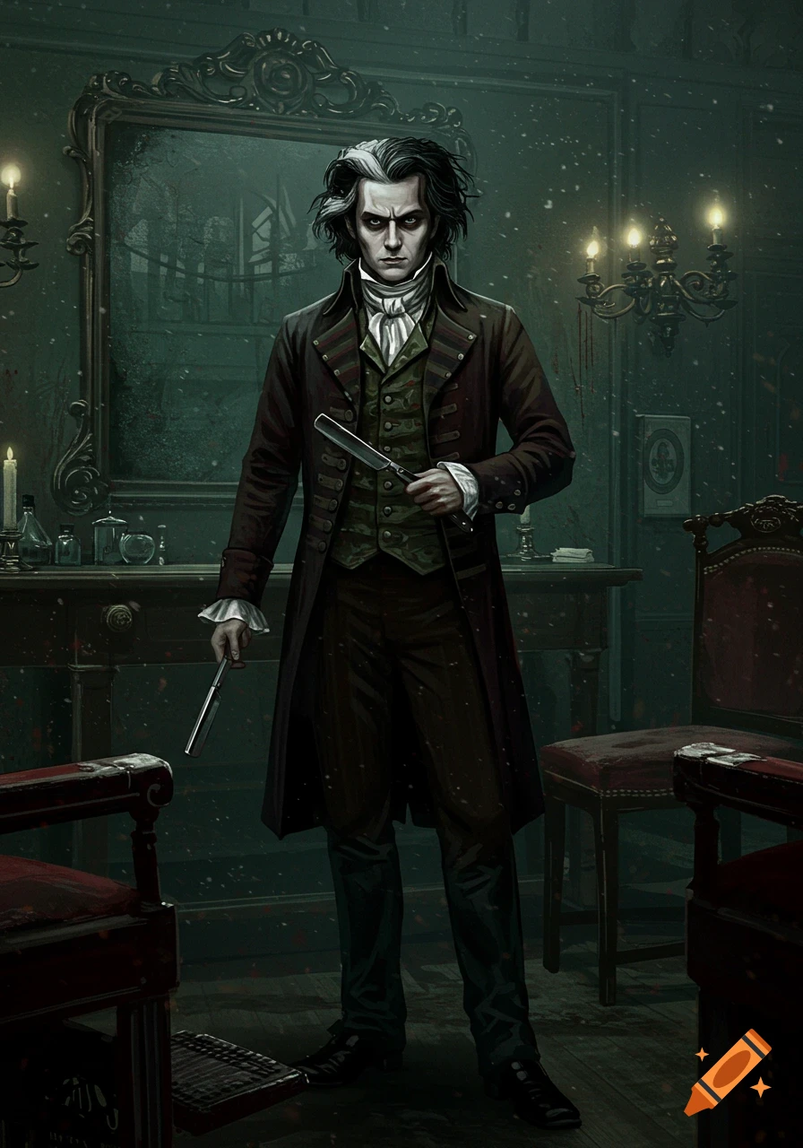Sweeney Todd, a pale man with black and white hair, stands in a dark, blood-splattered Victorian barbershop, holding two razors. Illustrated style.