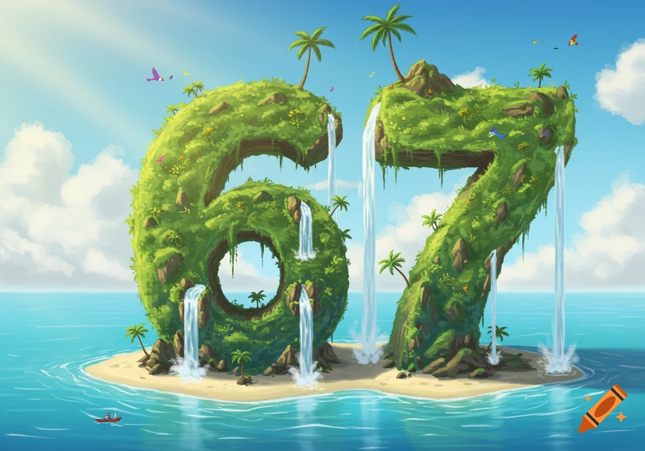 An illustration of the numbers 6 and 7 as green, lush tropical islands with waterfalls and palm trees, floating in a blue ocean under a sunny sky.