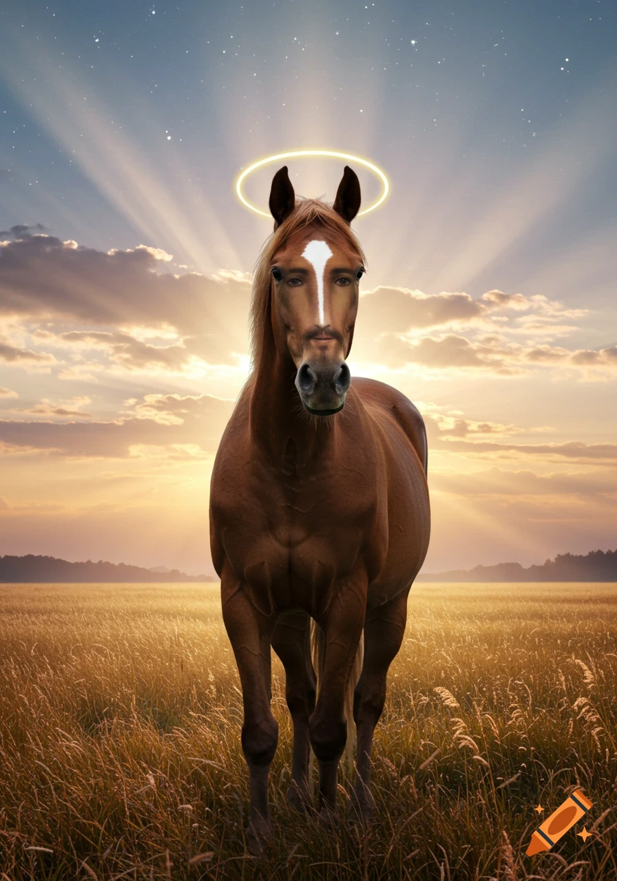 A brown horse with the face of Jesus and a glowing halo stands in a golden field at sunset.