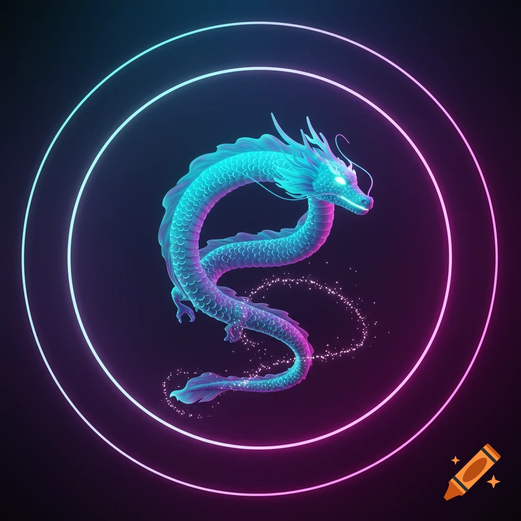 A vibrant, neon digital illustration of an aqua and purple glowing dragon with sparkling trail, framed by neon circles.