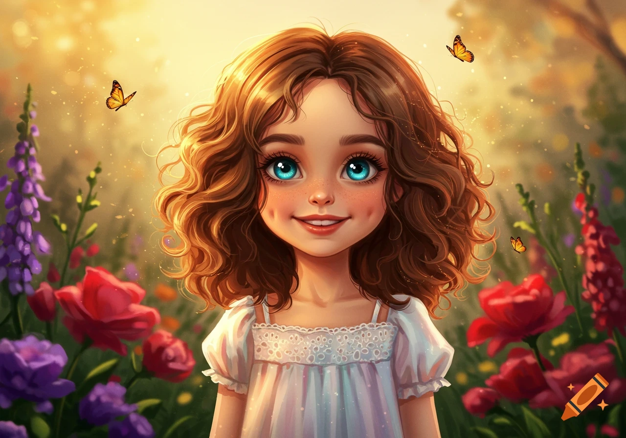 A cute cartoon girl with curly brown hair and bright blue eyes smiles in a sunlit field of colorful flowers and butterflies.