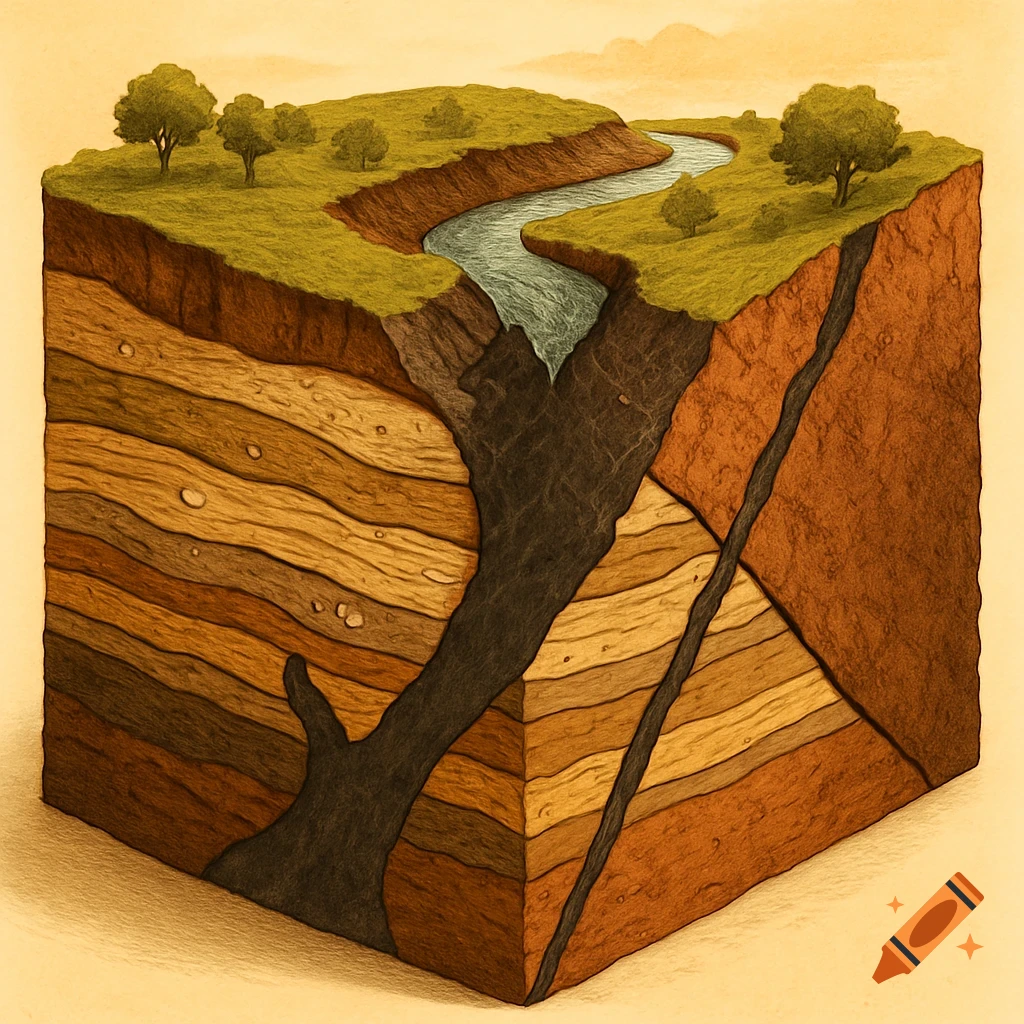 Geological cross-section cube with distinct sedimentary layers, a fault, an igneous intrusion, and a river flowing through a green landscape.