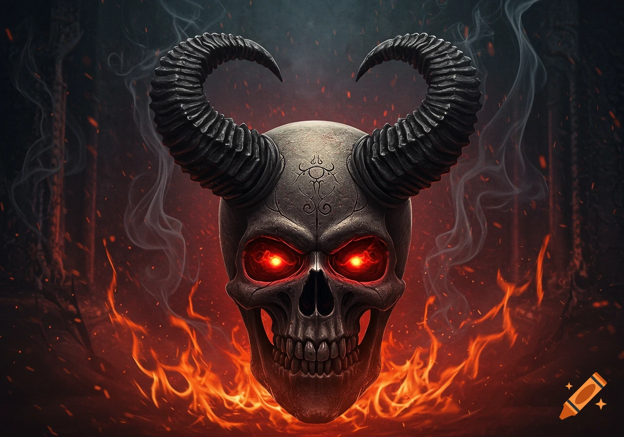 Menacing demon skull with large black horns and glowing red eyes surrounded by fire and smoke in a dark, hellish scene, digital art.