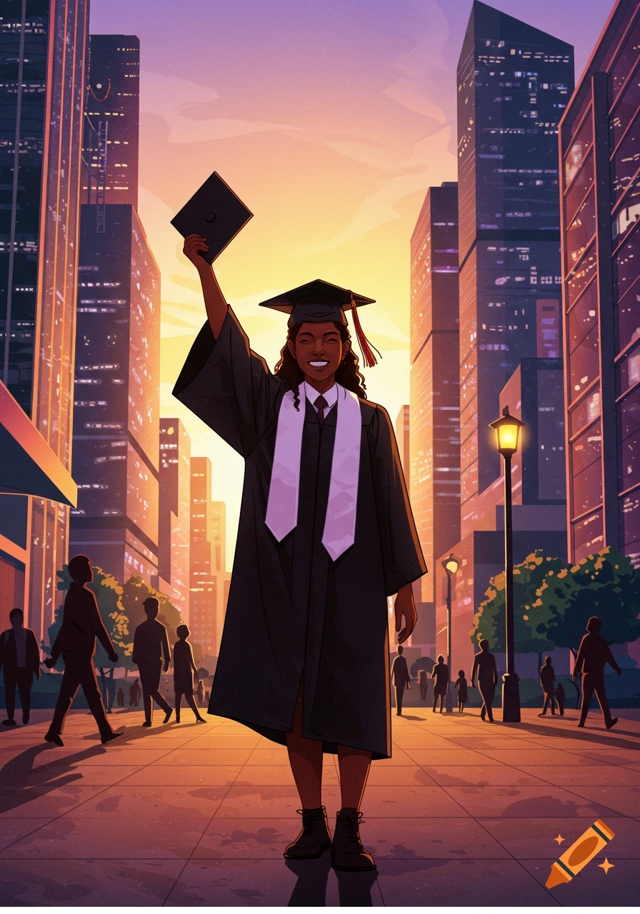 Illustrated image of a happy college graduate in a black gown and cap raising her cap in a city street at sunset.