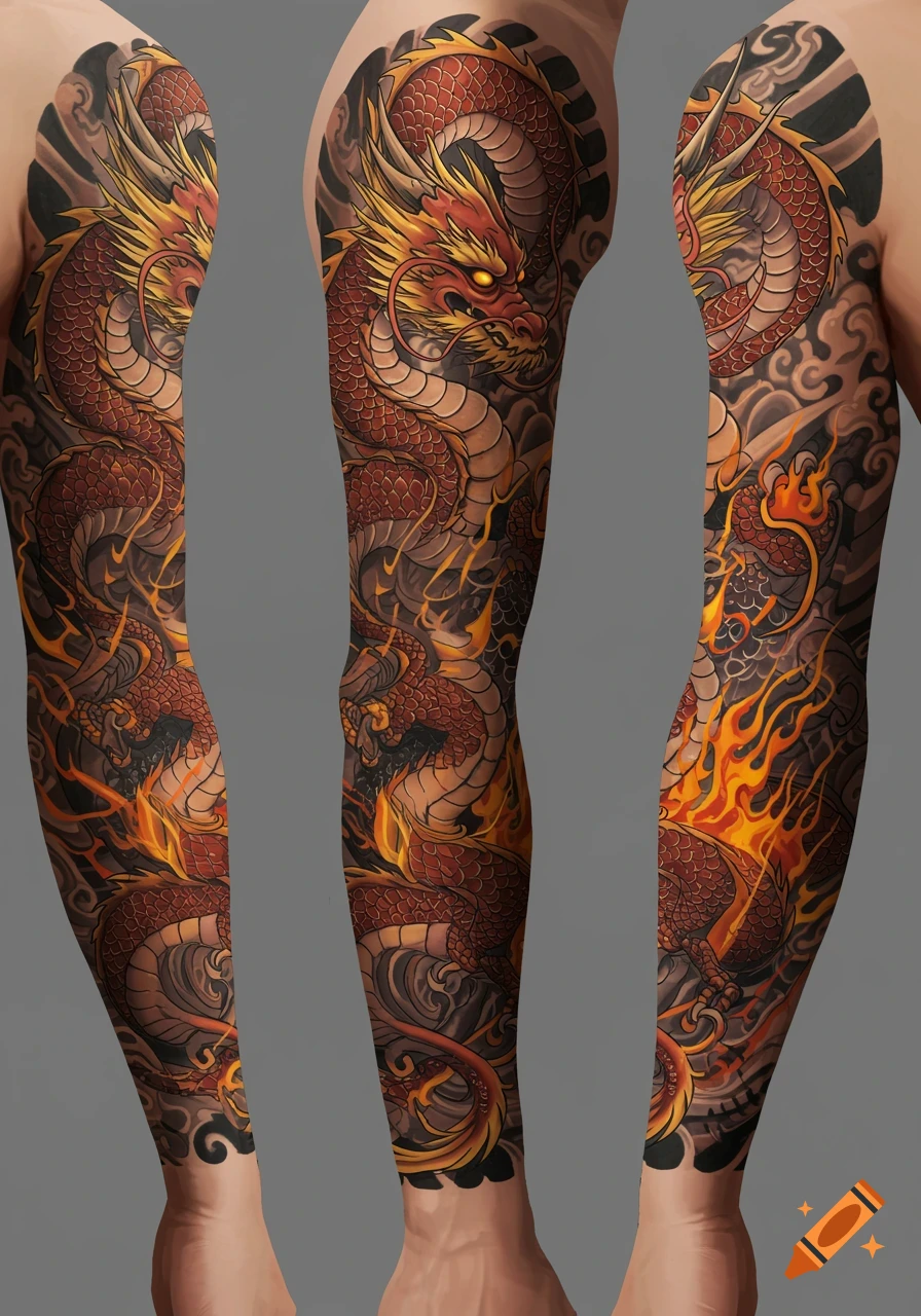 Detailed full arm sleeve tattoo design of a red and gold oriental dragon with glowing eyes, surrounded by flames and dark clouds.