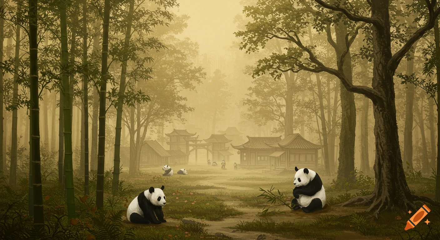 Illustration of pandas in a misty bamboo forest with an ancient Chinese village, in a warm ink-wash scroll painting style.