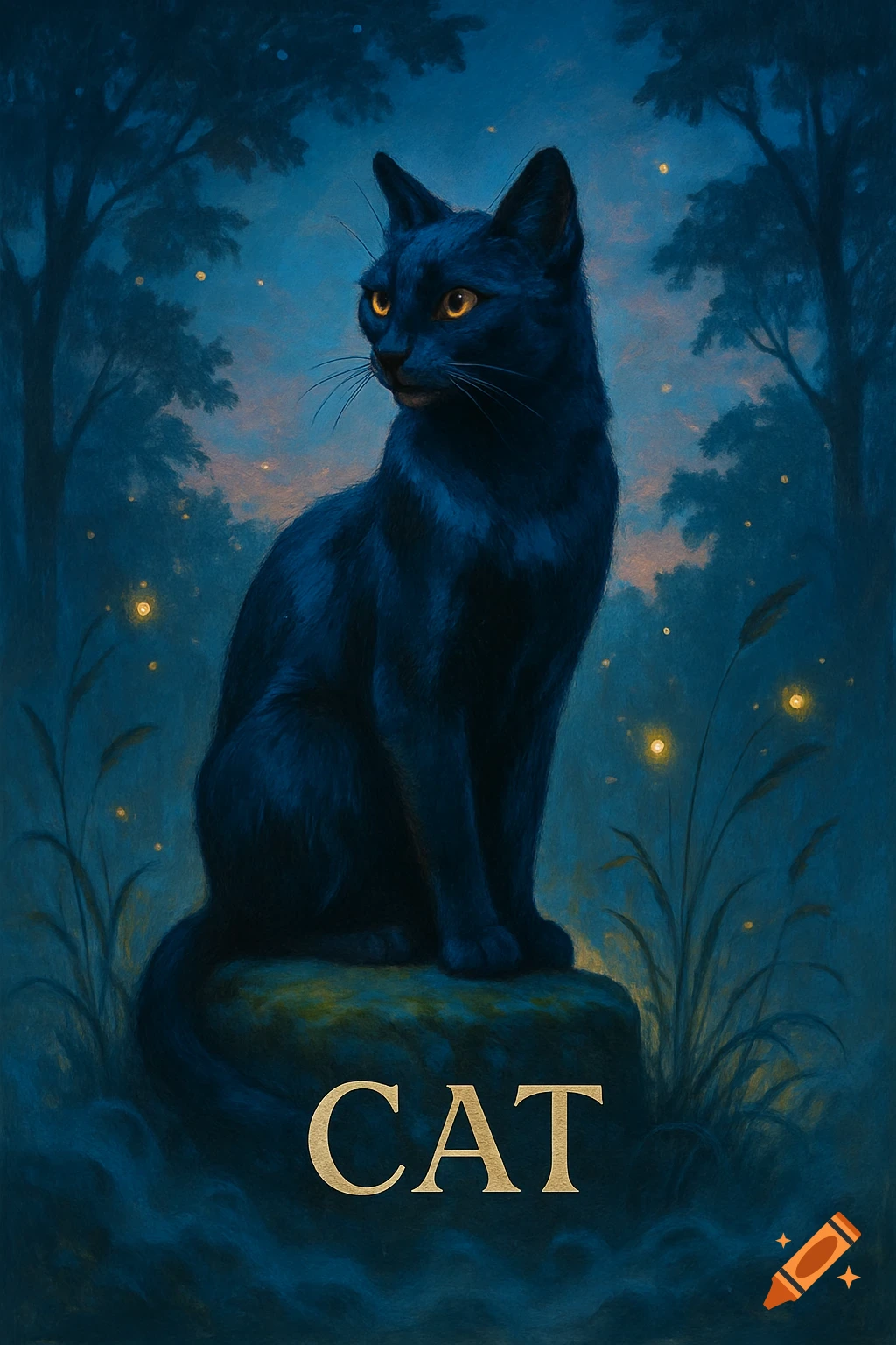 A black cat with glowing yellow eyes sits on a rock in a dark, magical forest with fireflies, the word CAT below in gold.