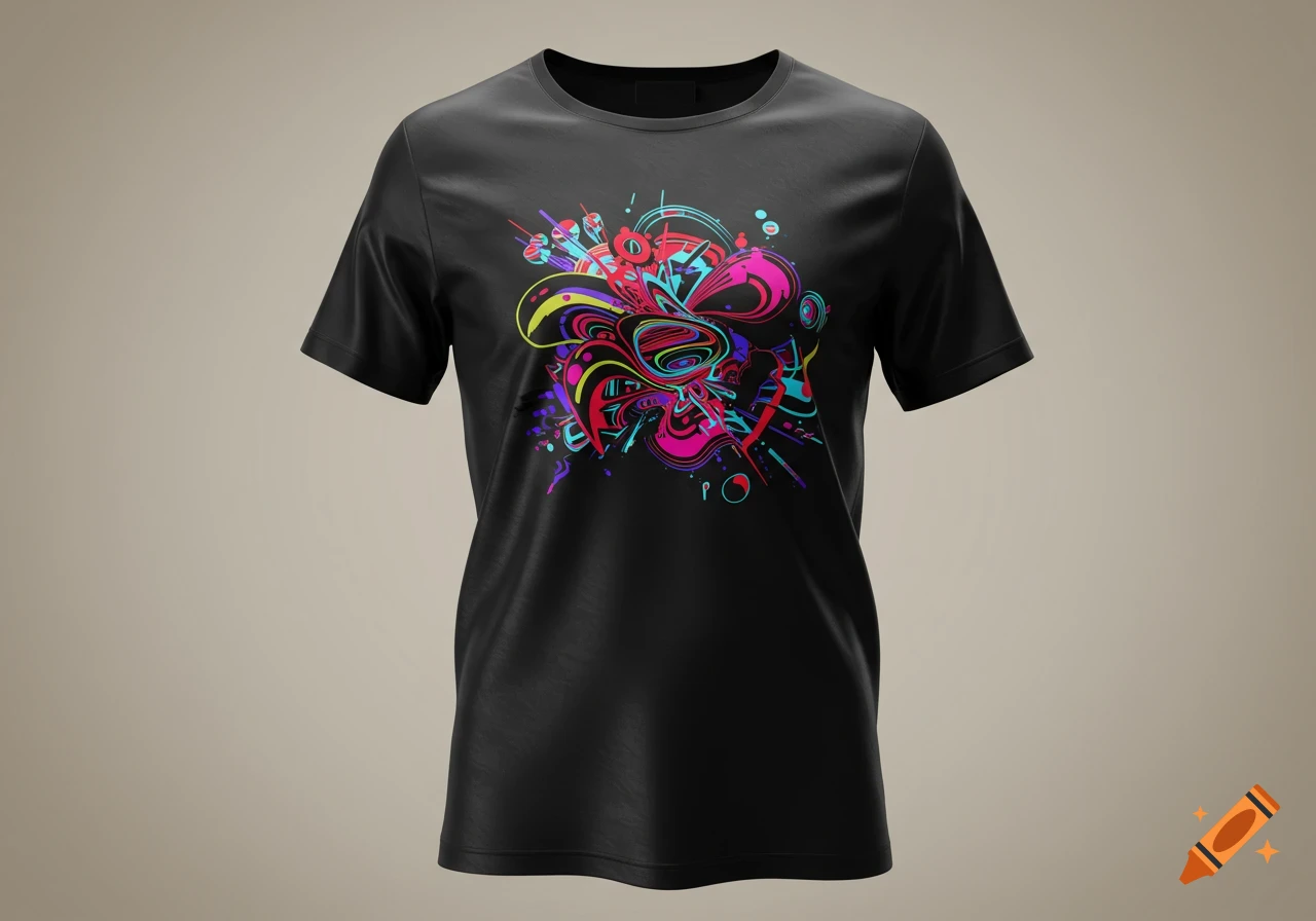 Black t-shirt featuring a vibrant, neon abstract vector art design on the front.