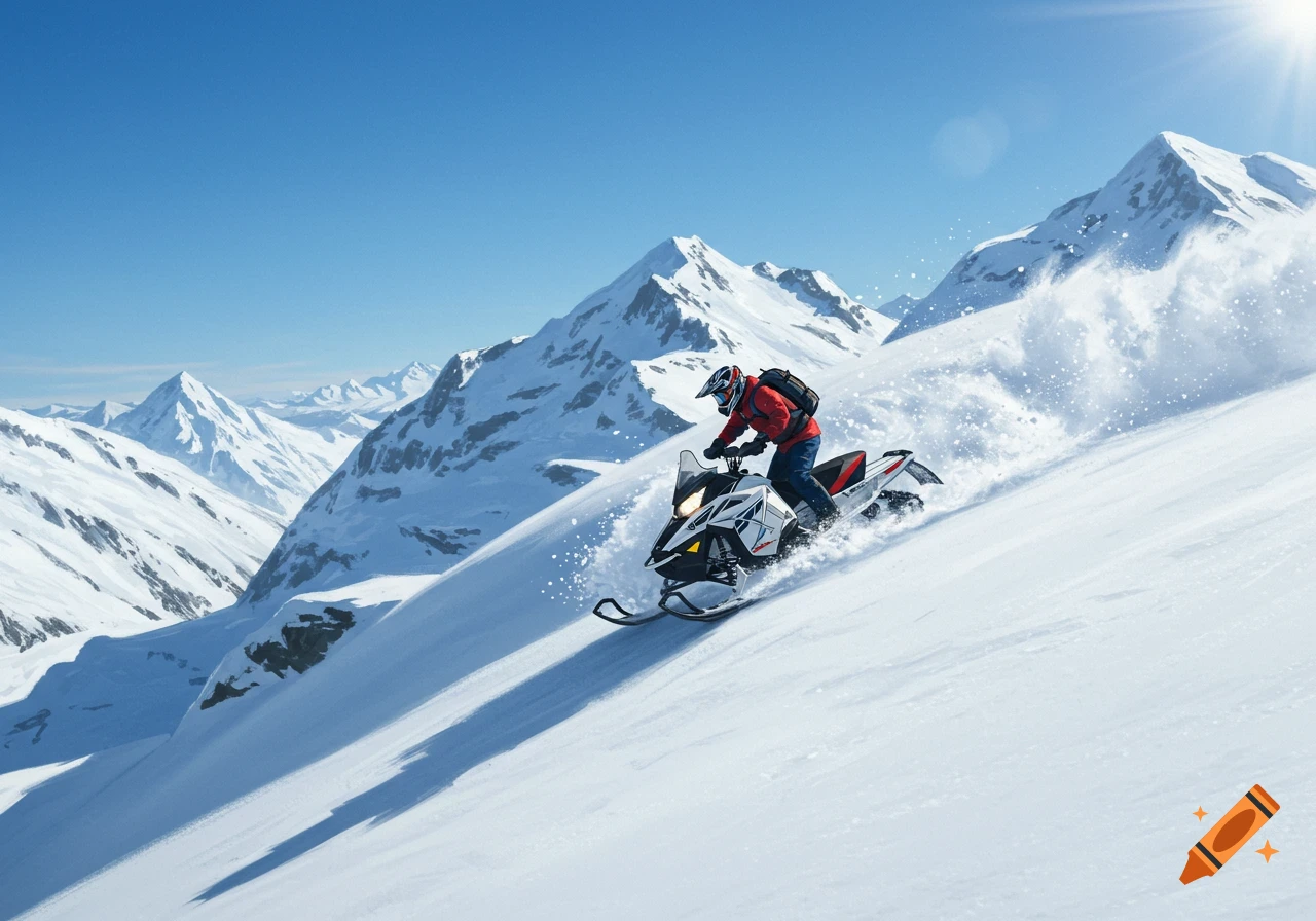 A person in a red jacket rides a snowmobile down a snowy mountain slope, spraying snow, with towering peaks and a blue sky in the background.