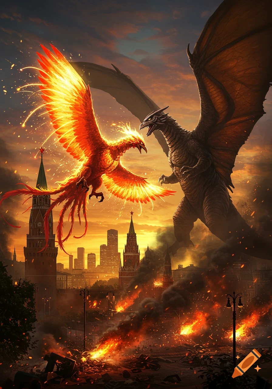 A giant fiery phoenix-like bird battles a winged kaiju above a burning city, Moscow landmarks visible under a dramatic sunset.