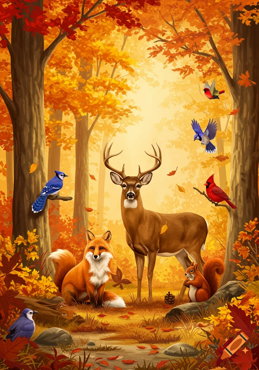 An illustration of a deer, fox, squirrel, and several birds in a vibrant autumn forest with orange and red leaves.