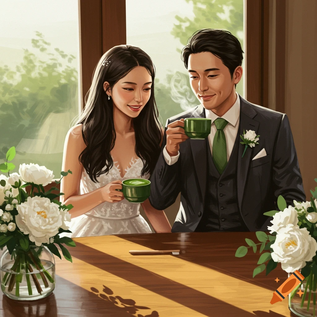 Illustrated bride and groom drinking matcha tea at a table with flowers, by a sunlit window.