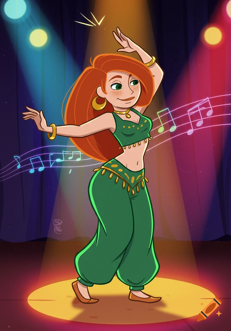 Cartoon Kim Possible with red hair, wearing a green belly dancer outfit, performing on a stage under colorful spotlights.