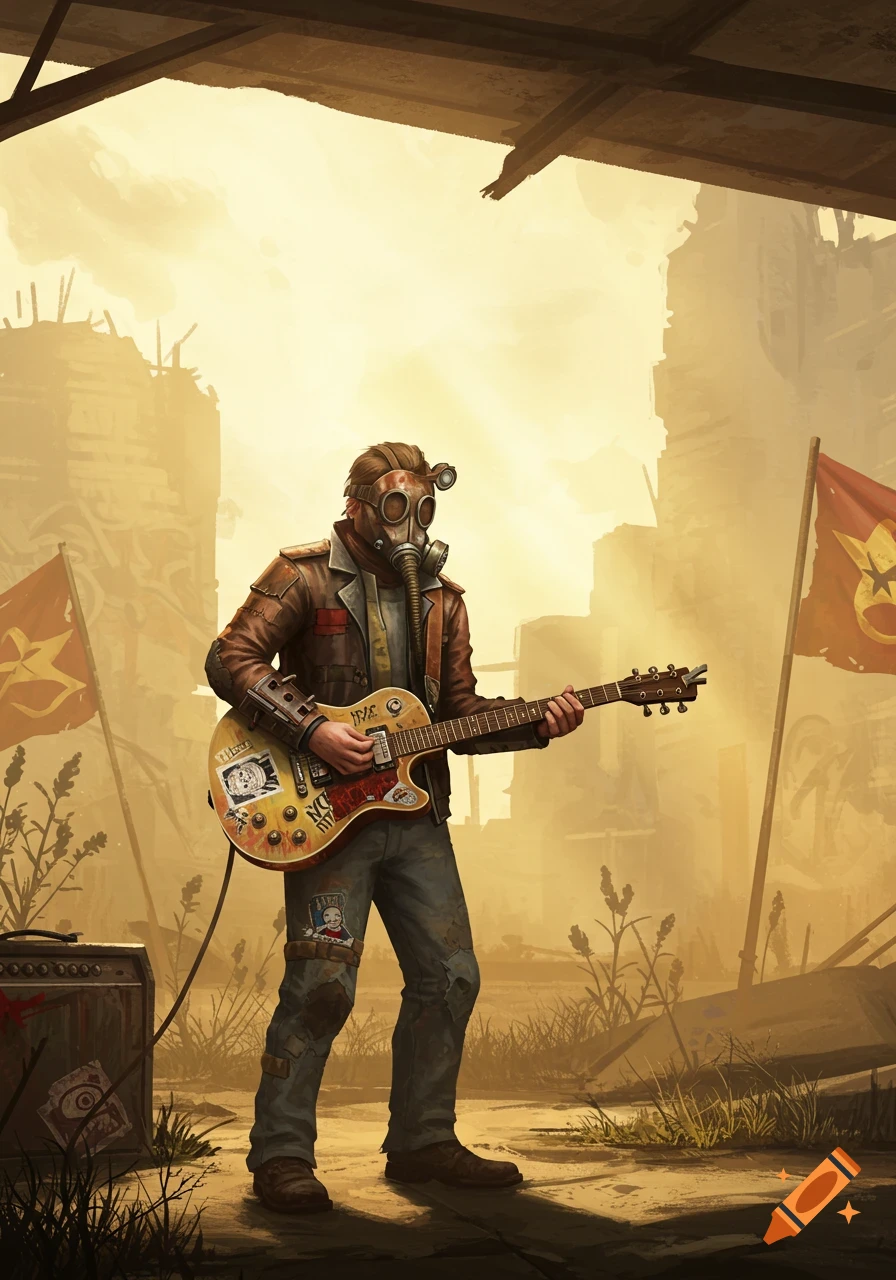 A gas-masked guitarist in a brown jacket and jeans plays an electric guitar in a dusty, post-apocalyptic city with red flags.