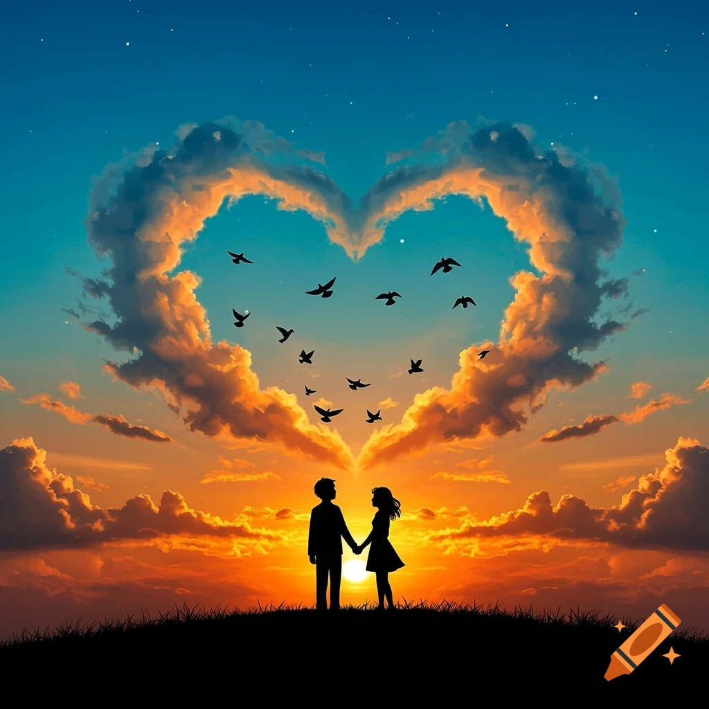 Silhouettes of a couple holding hands on a hill, overlooking a vibrant sunset sky with a heart-shaped cloud and flying birds.