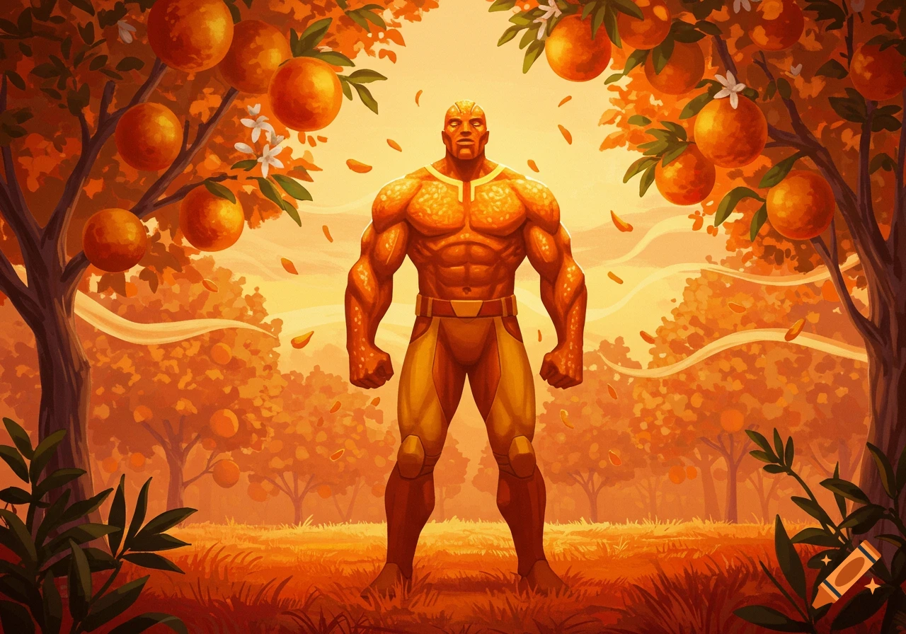 A muscular, orange-skinned man in a stylized suit stands in a vibrant orange grove at sunset, illustration.