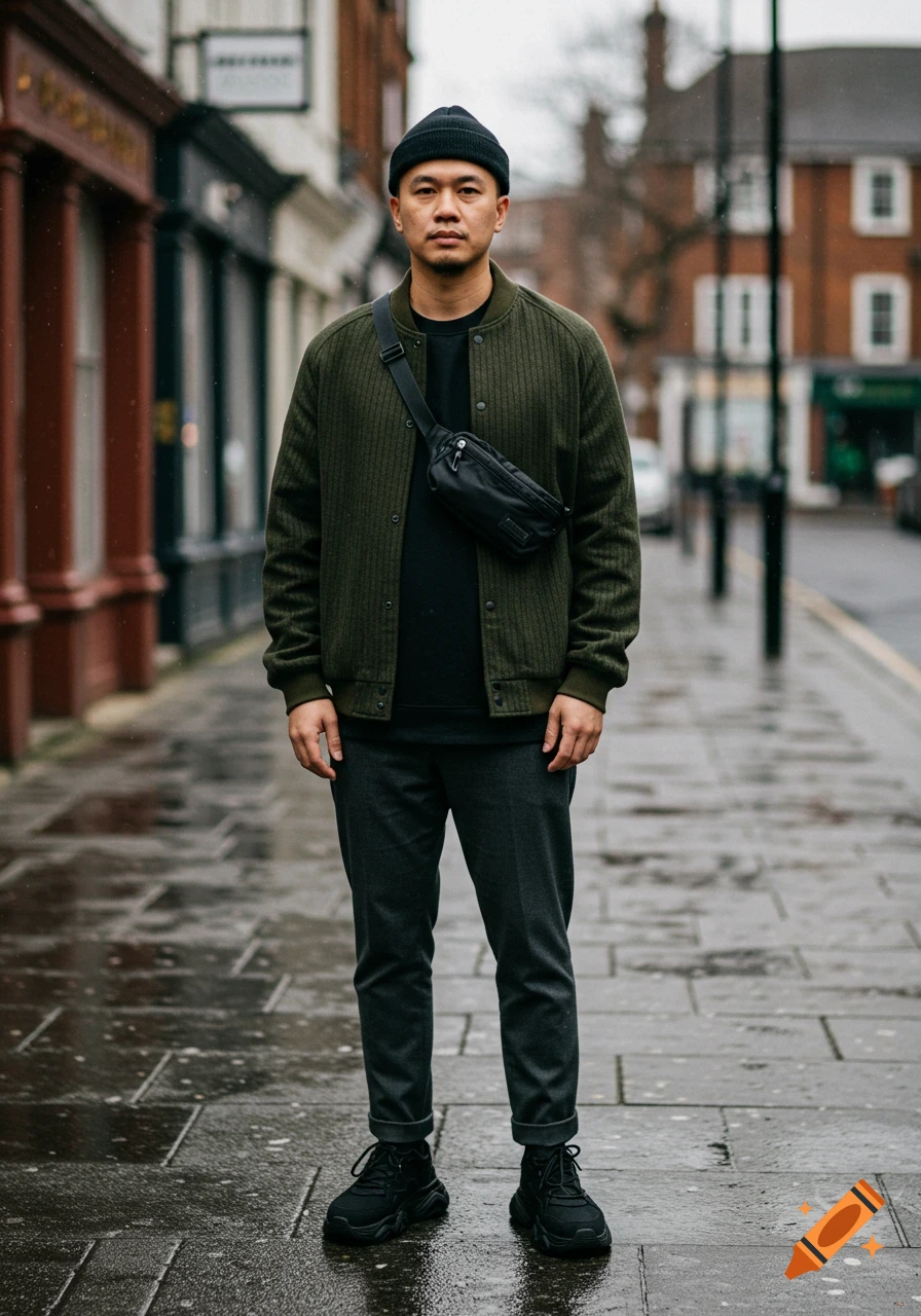 A man in a dark olive bomber jacket, black beanie, charcoal pants, and black sneakers stands on a damp urban sidewalk.