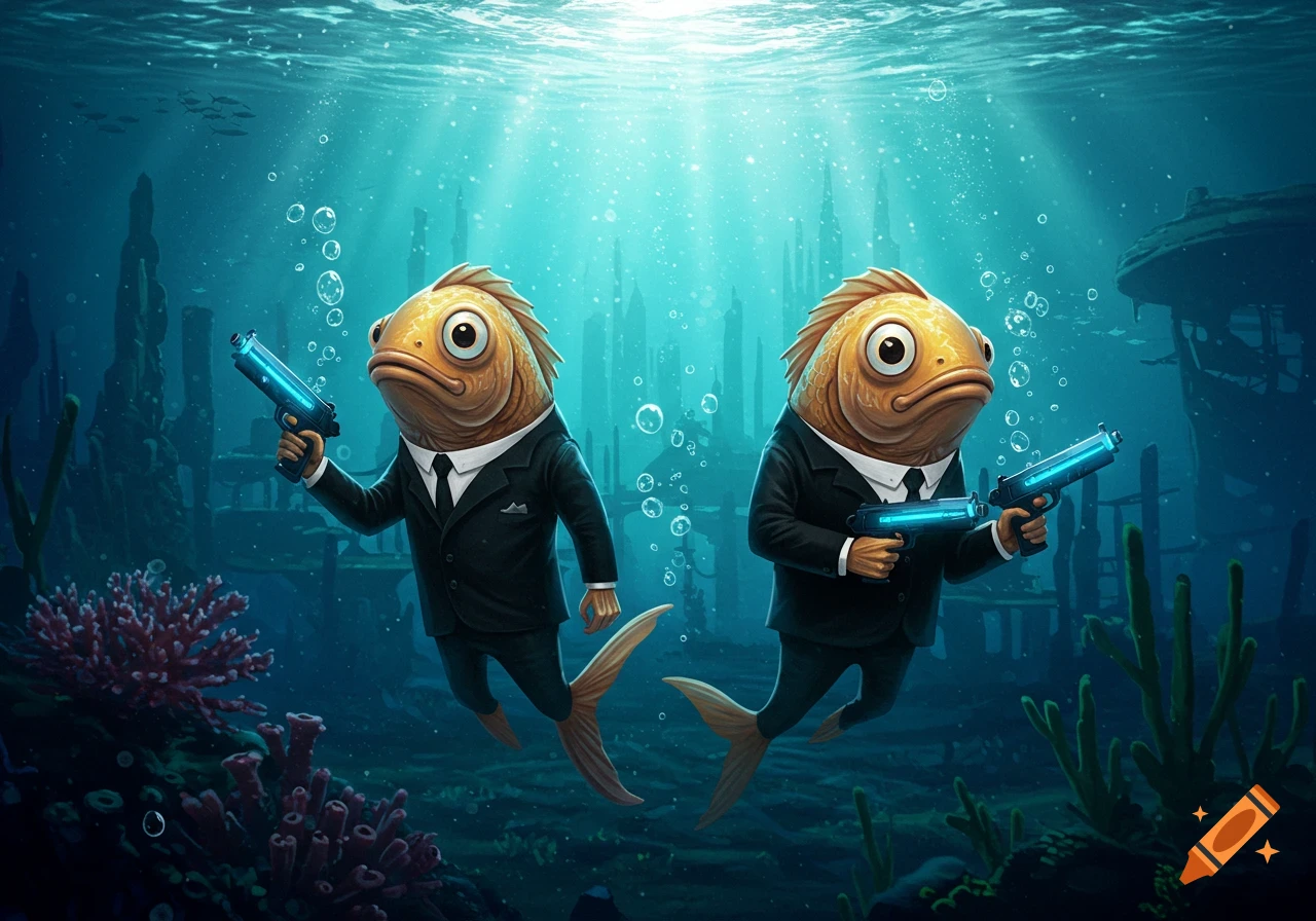 Two anthropomorphic fish in black suits holding glowing blue guns swim underwater among coral and sunken ruins, with sunlight filtering from above.