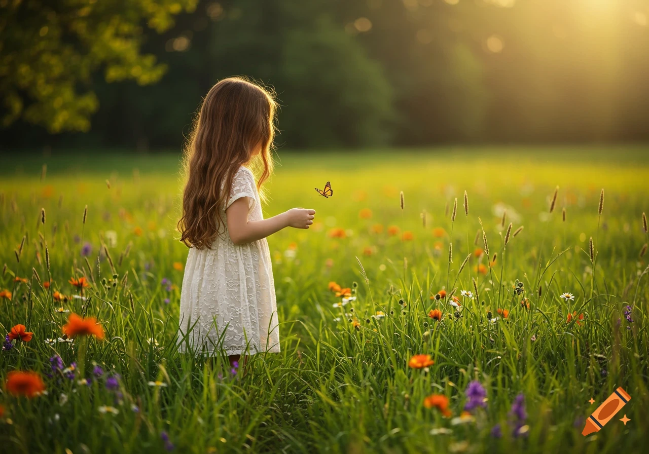 A young girl with long hair stands in a sunny field of wildflowers, looking at a butterfly hovering near her hand.
