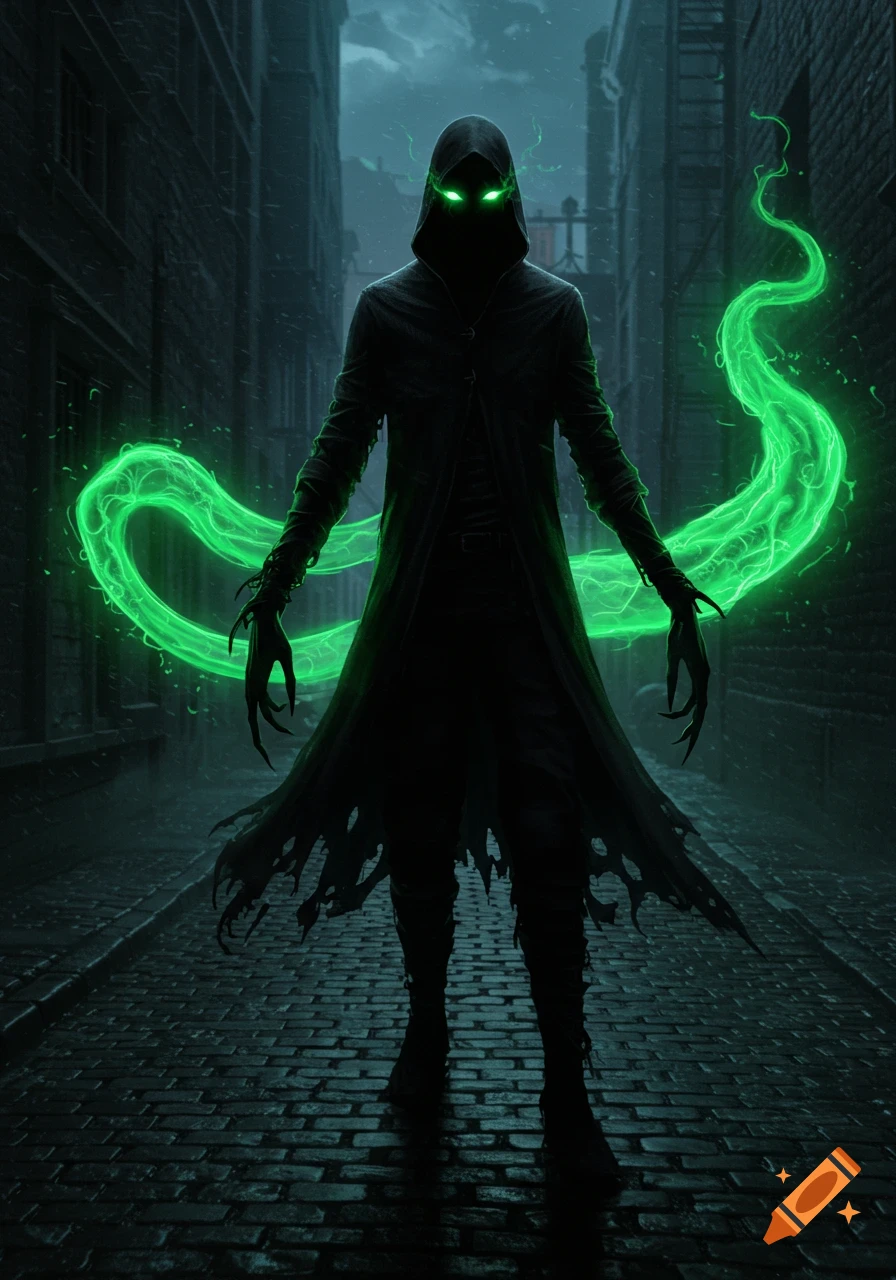 A dark hooded figure with glowing green eyes and clawed hands stands in a dim alleyway, surrounded by swirling green energy.