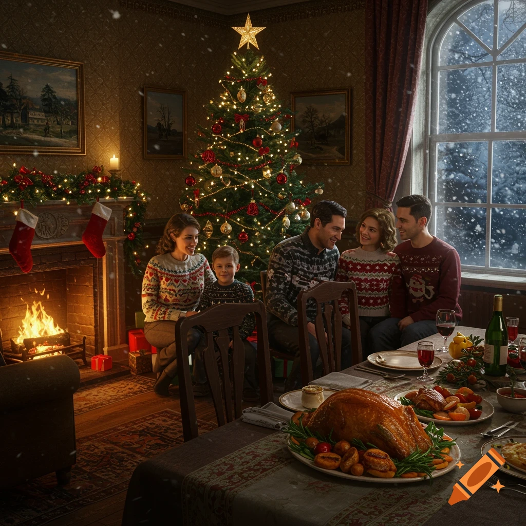 A photorealistic image of a family celebrating Christmas in a vintage living room with a decorated tree, fireplace, and dinner.