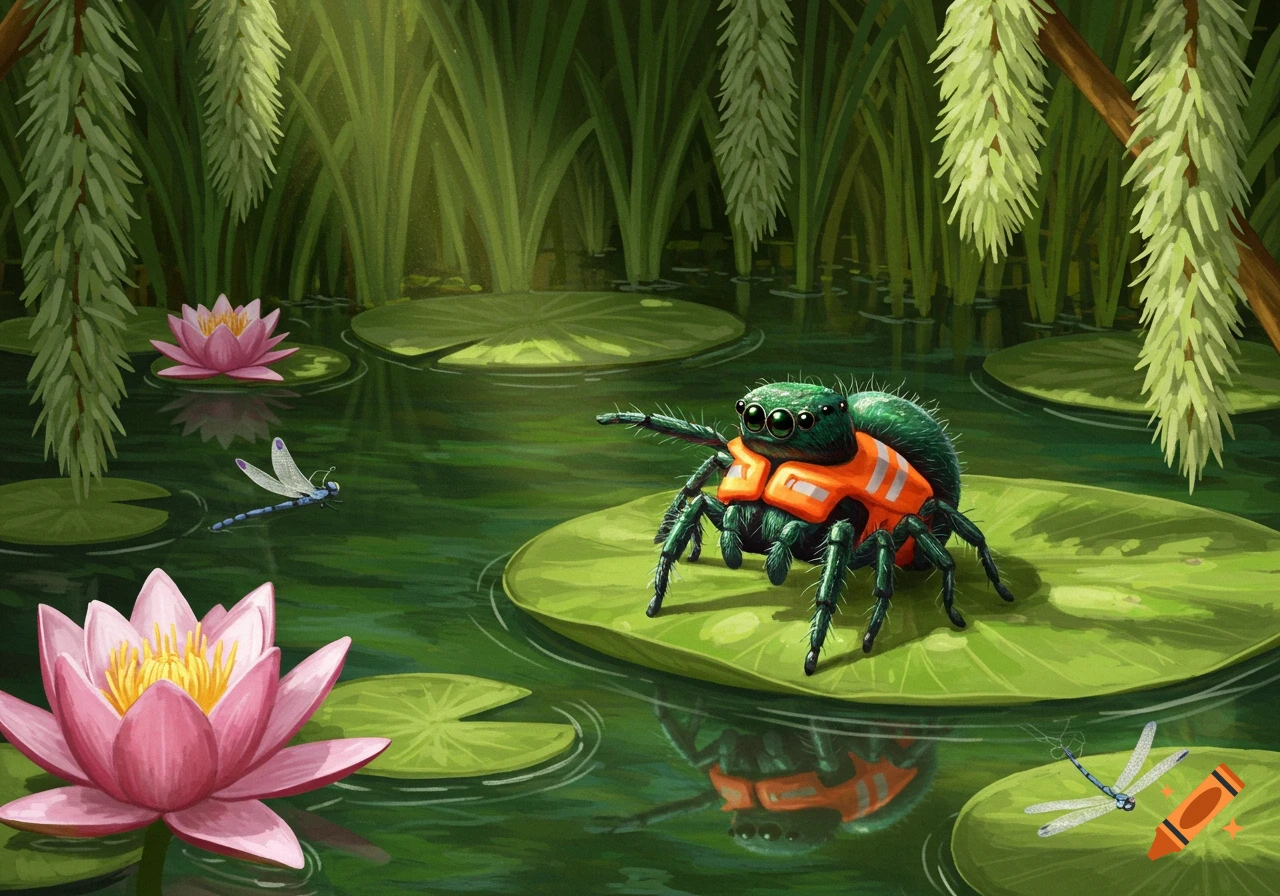 A cute green fuzzy spider wearing an orange life jacket sits on a lily pad in a pond with pink water lilies.