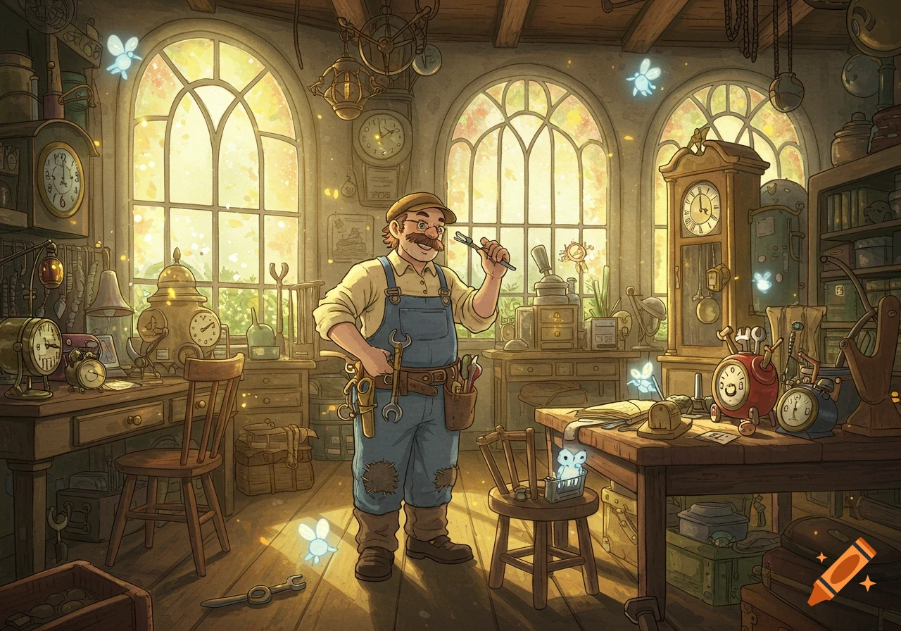 A smiling handyman with a mustache, wearing overalls and a cap, holds a wrench in a magical workshop filled with clocks, tools, and glowing fairies. Sunlight streams through arched windows.
