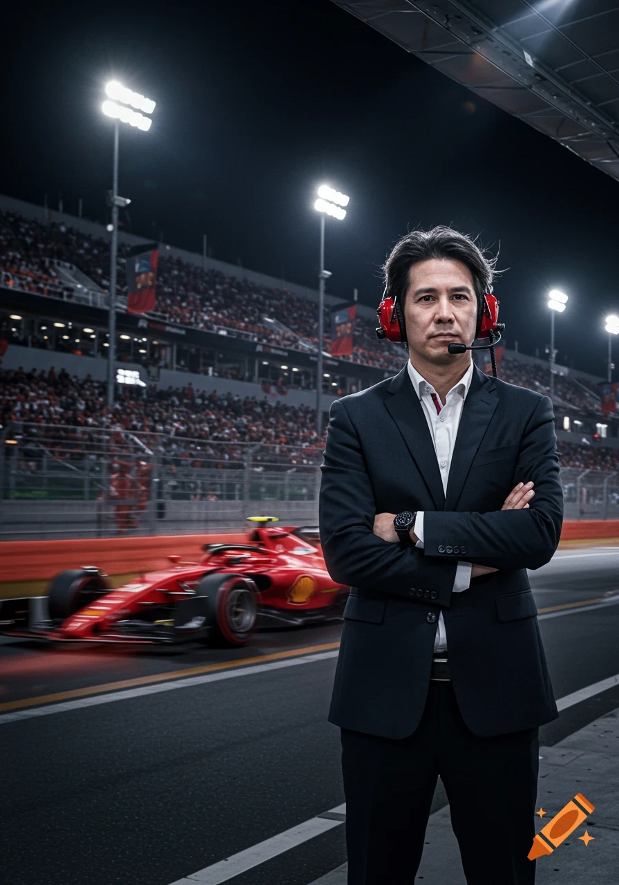 A man in a suit with headphones stands at a night F1 race track as a red car speeds by.