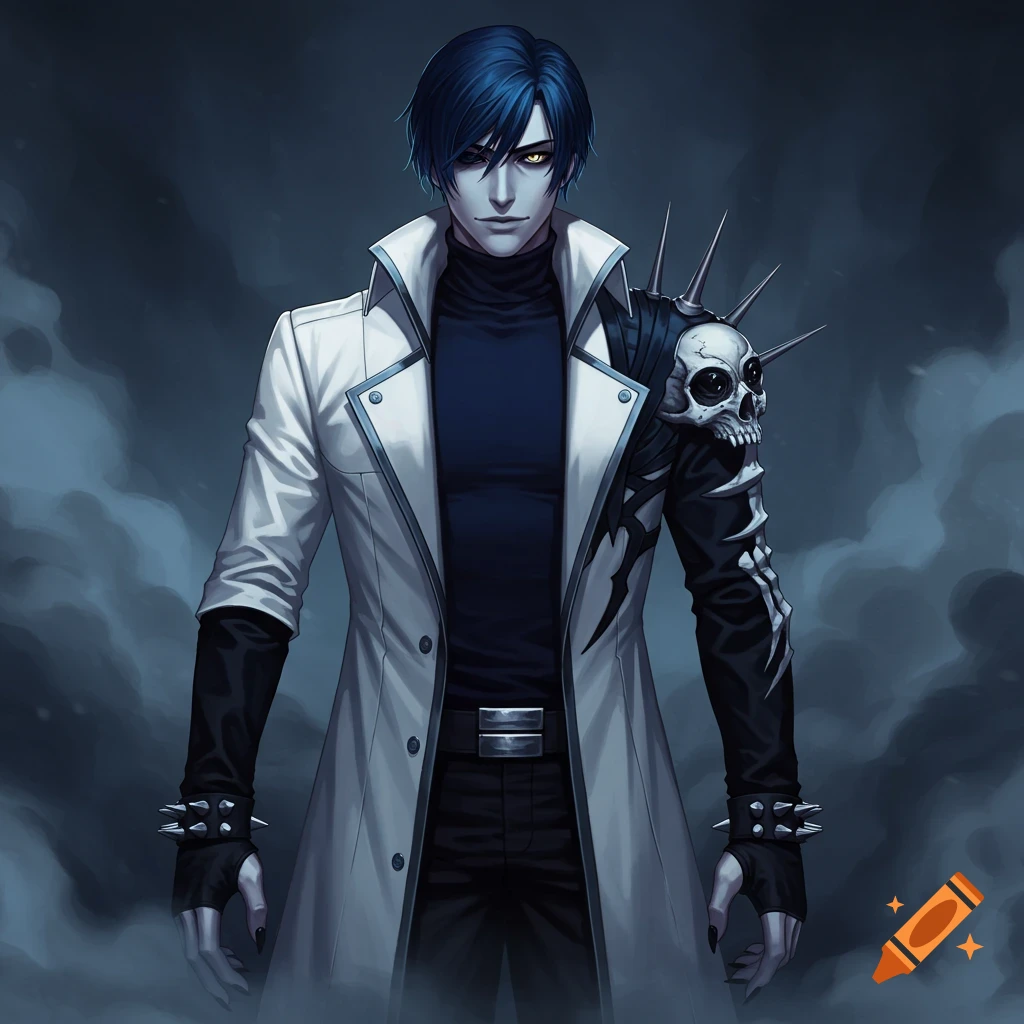 An anime-style character with dark blue hair and golden eyes, wearing a white coat, black turtleneck, and fingerless gloves. He has a skull design on one shoulder and spikes on the other, against a dark, cloudy background.
