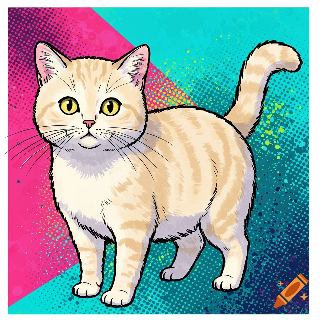 A cream and white cat with yellow eyes in a pop art comic illustration style against a pink and teal split background with halftone dots and splatters.