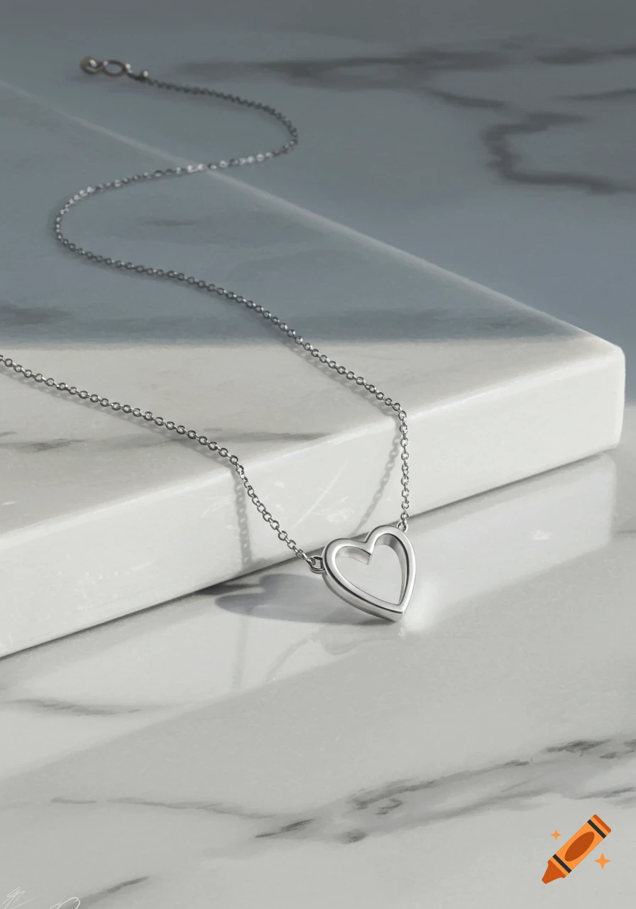 Silver heart pendant necklace resting on white marble with soft shadows.
