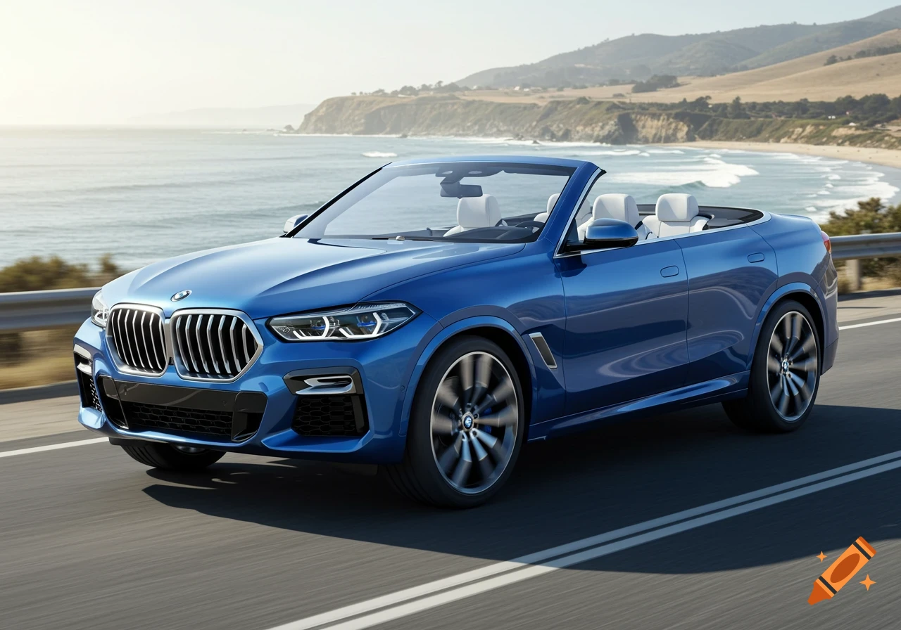 A blue BMW X6 two-door convertible drives along a scenic coastal road next to the ocean under a clear sky.