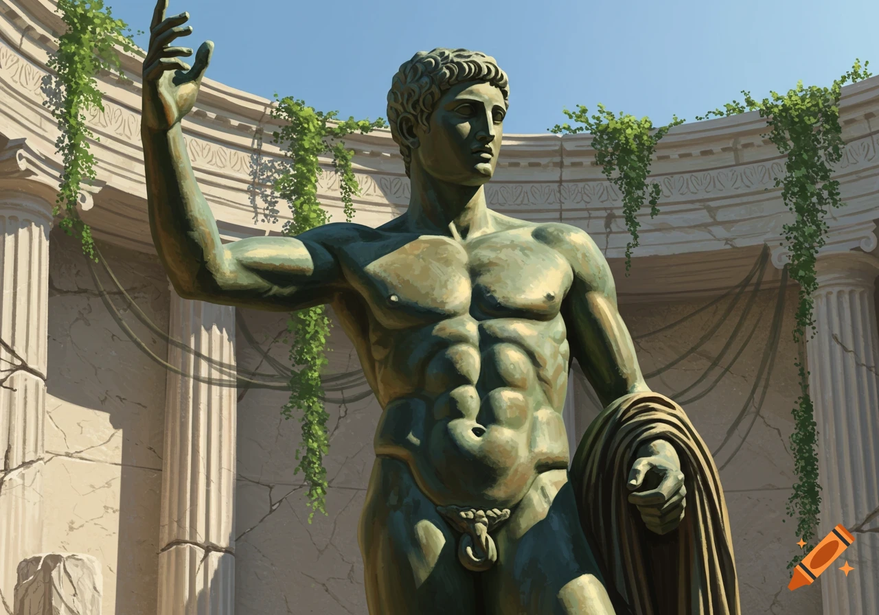 A bronze Roman statue of a muscular man with an outstretched arm, standing amidst ancient ruins with ivy under a clear sky.