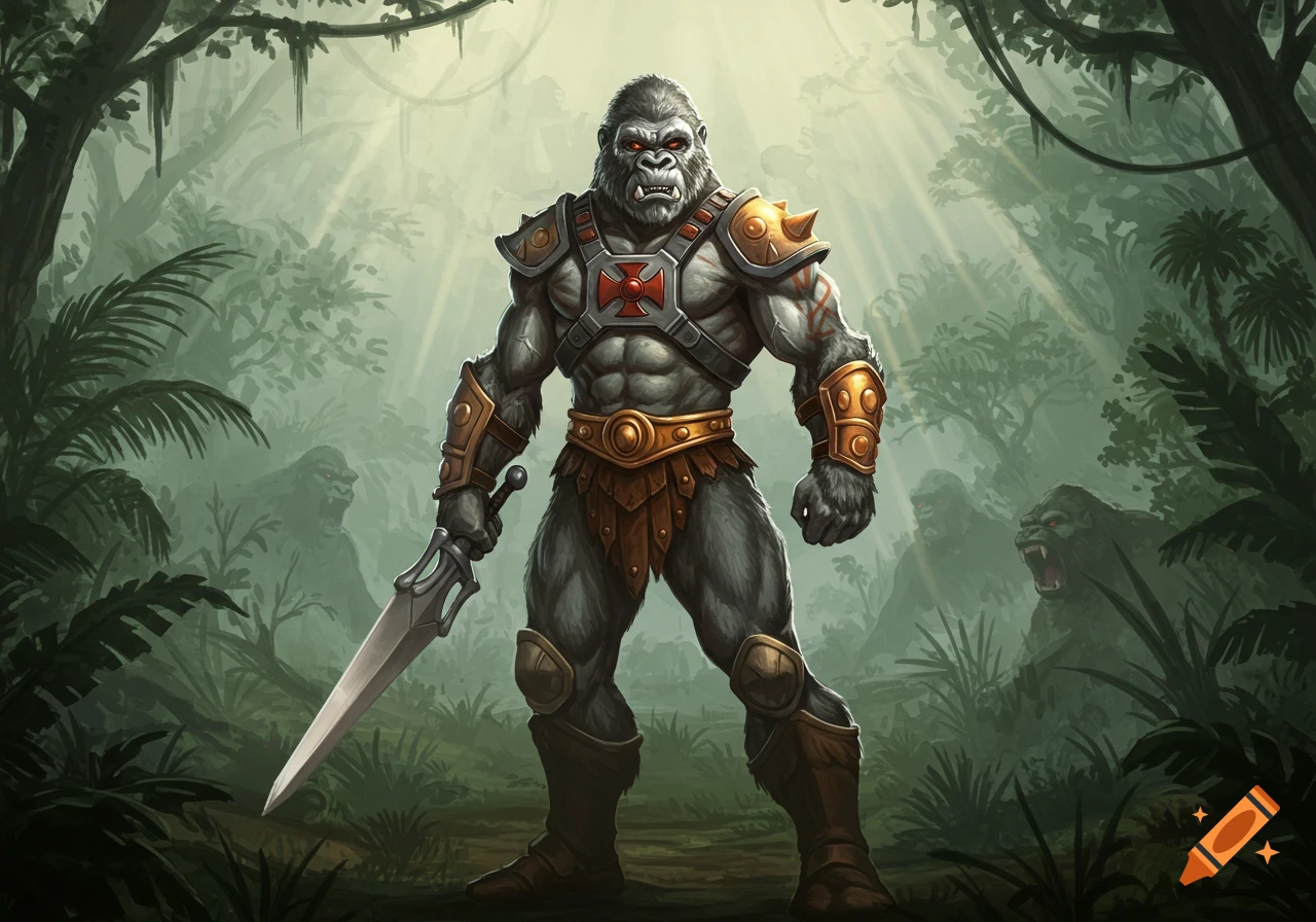 A powerful armored gorilla warrior with a sword stands in a lush, misty jungle, with other gorillas in the background. It wears a He-Man chest emblem.