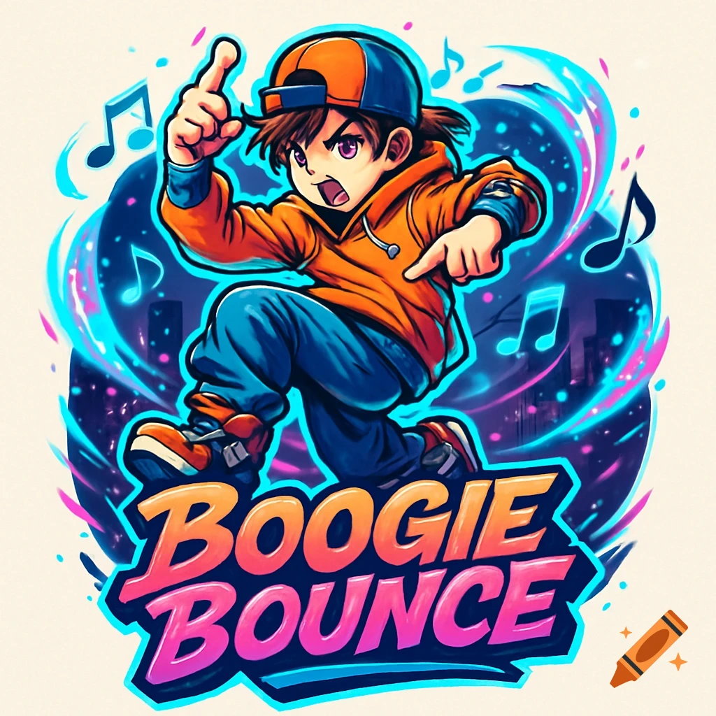 Cartoon anime boy in an orange hoodie and blue cap dancing, surrounded by musical notes and vibrant blue and pink swirls, with "BOOGIE BOUNCE" in bold text below, in a hip-hop style.