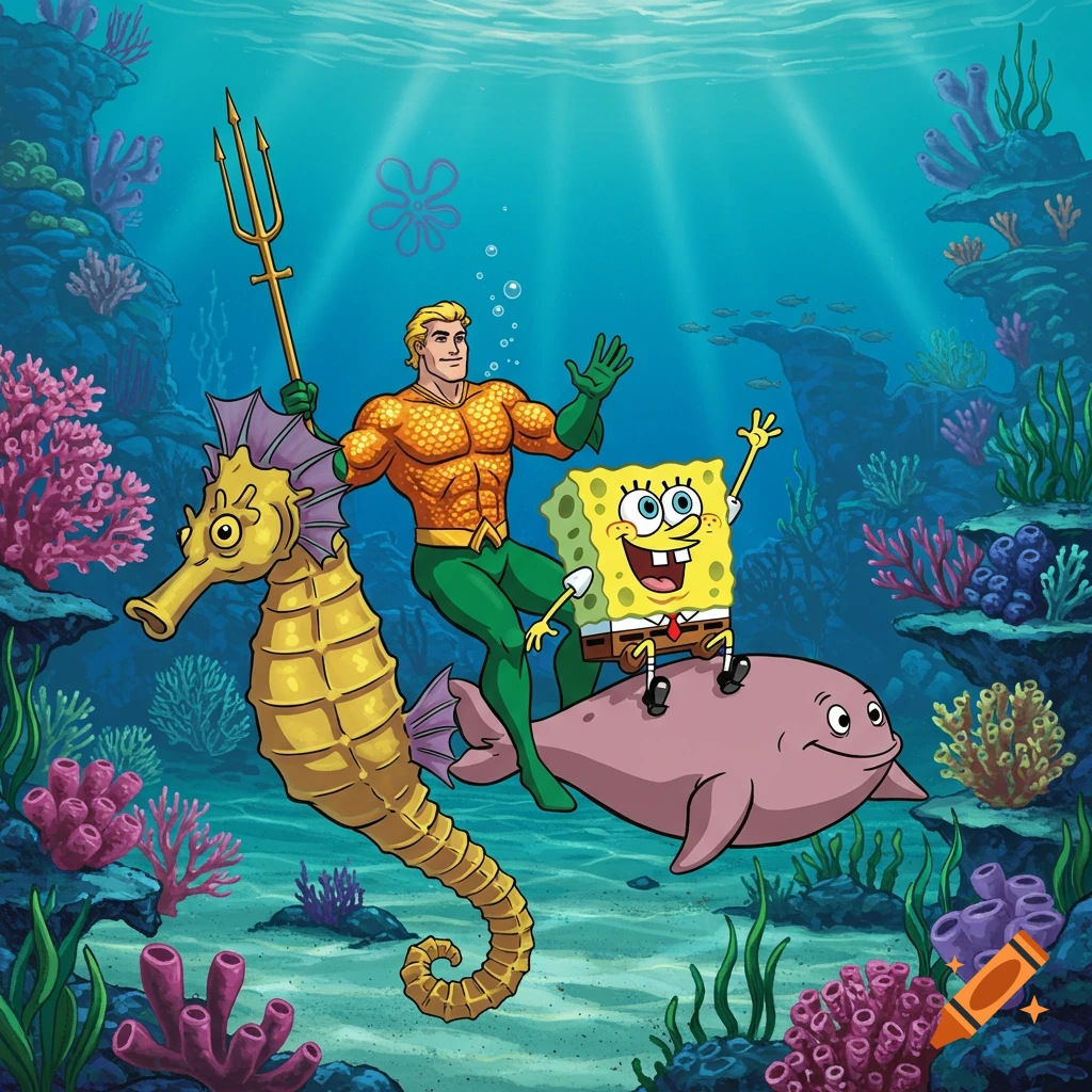 Cartoon Aquaman rides a seahorse with SpongeBob SquarePants on a pink creature, all underwater in a colorful coral reef.