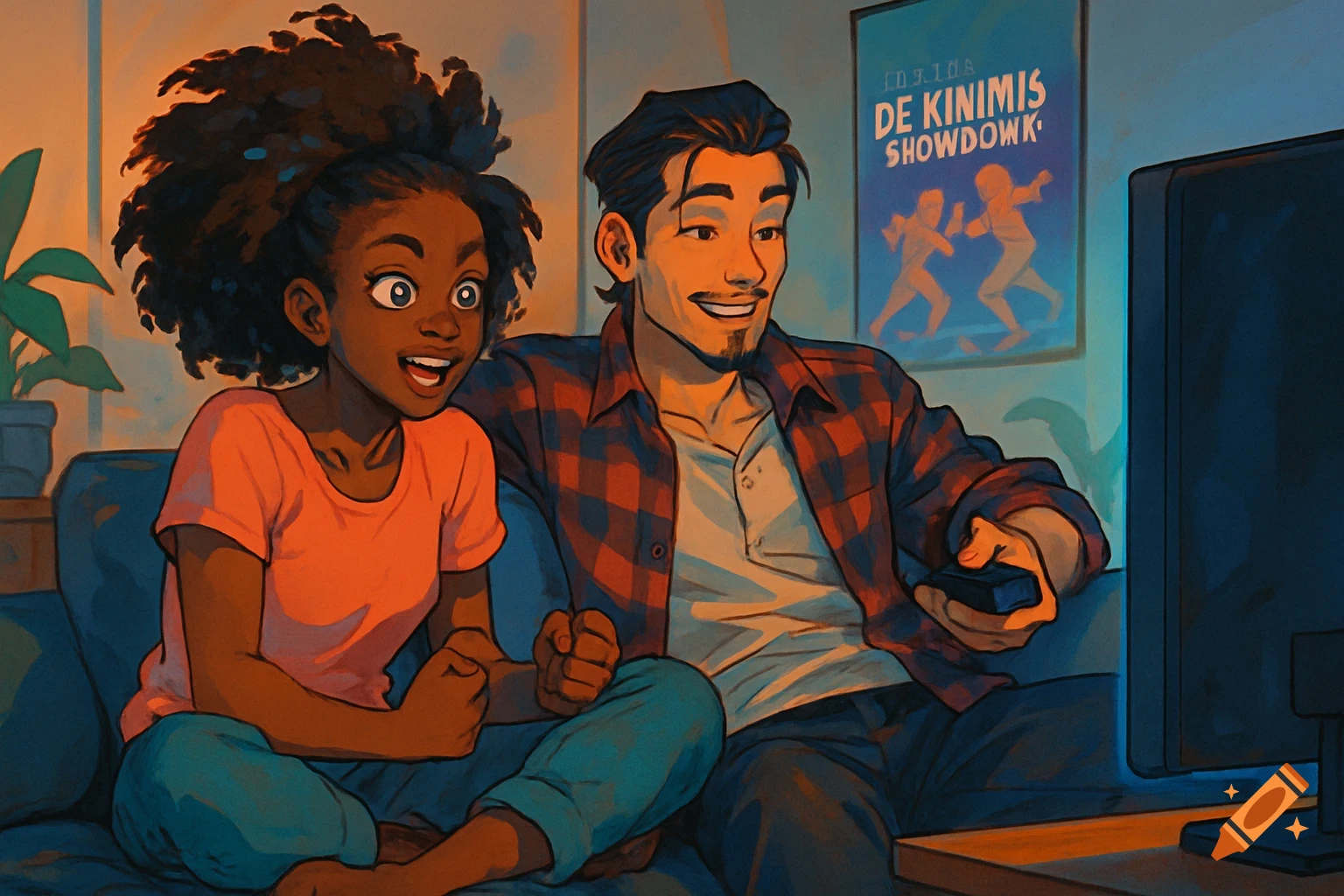Anime style illustration of a Black woman and a Mexican man watching TV on a couch, looking excited.