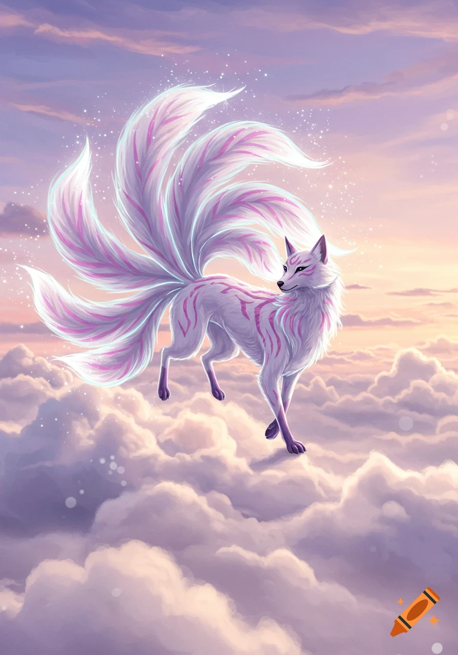 Majestic white and lilac nine-tailed kitsune with glowing tails floats above fluffy purple-pink clouds in a pastel sky, digital art.