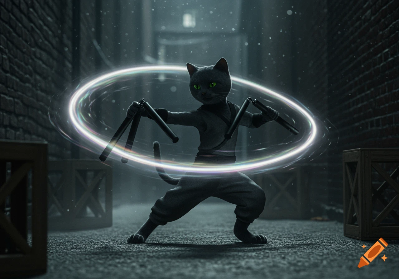 A dark grey cat in a ninja outfit with glowing green eyes wields nunchaku, surrounded by a glowing ring, in a dark alley.