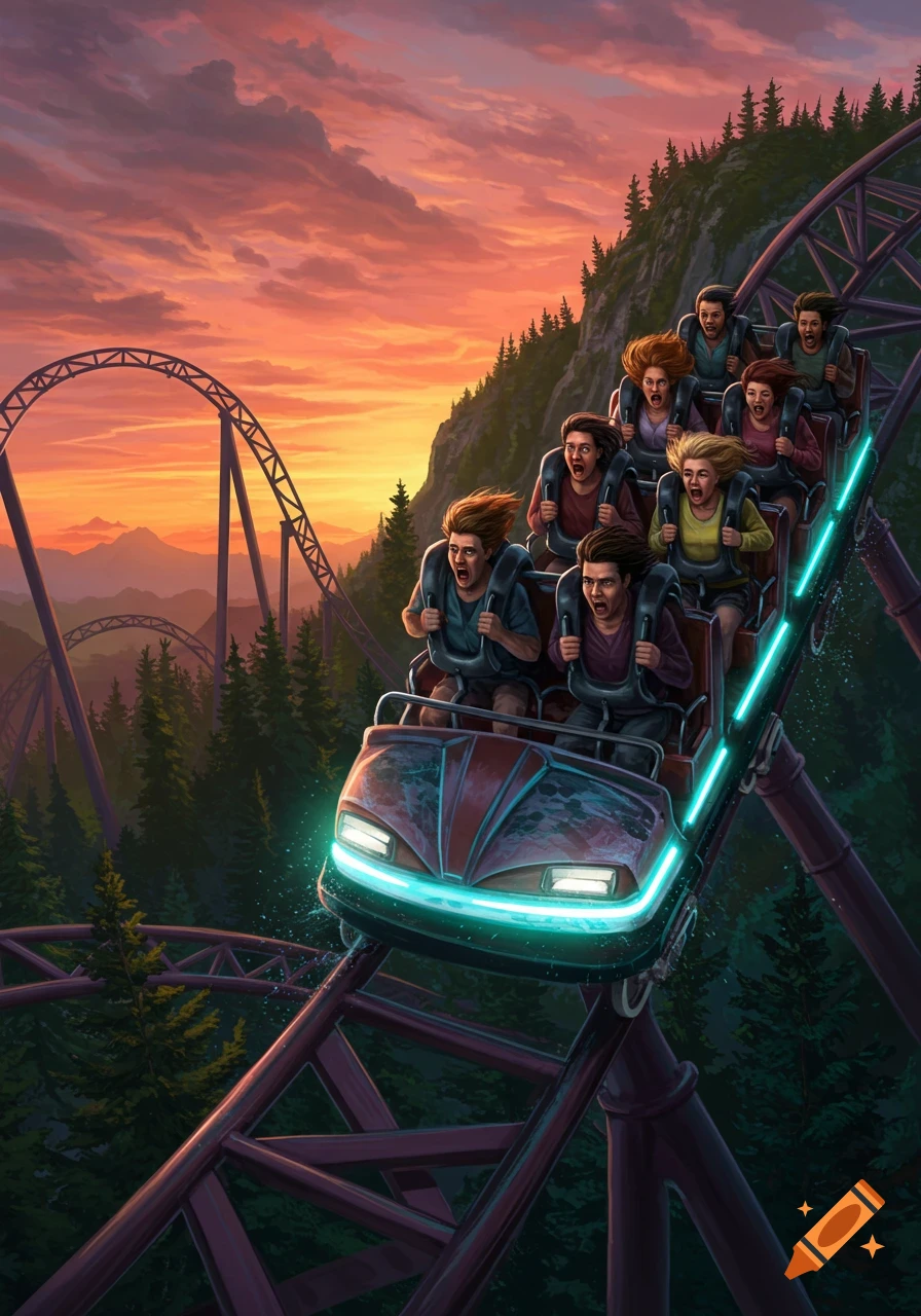 Vibrant illustration of people screaming on a neon-lit roller coaster at sunset, winding through a mountainous forest.