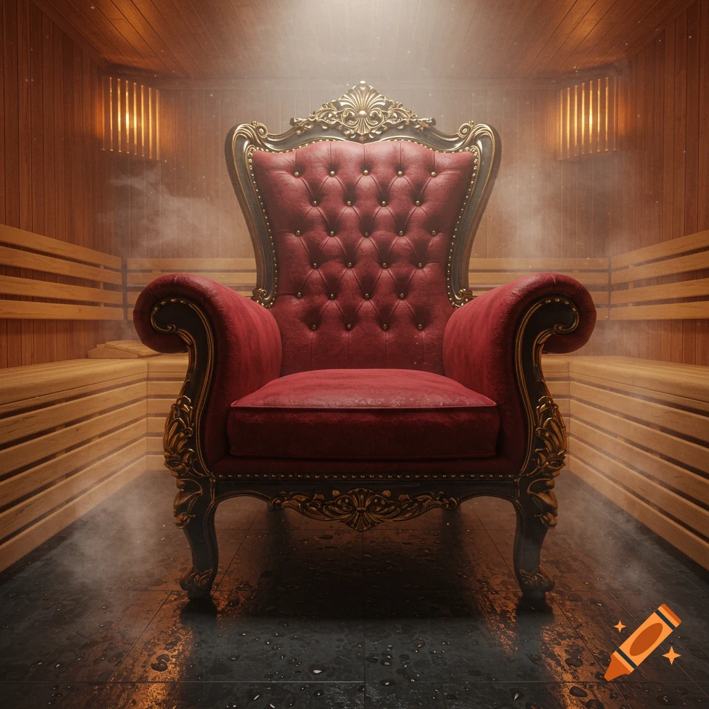 A grand red velvet armchair with ornate gold trim sits in a steamy, dimly lit wooden sauna, wet tiles on the floor.