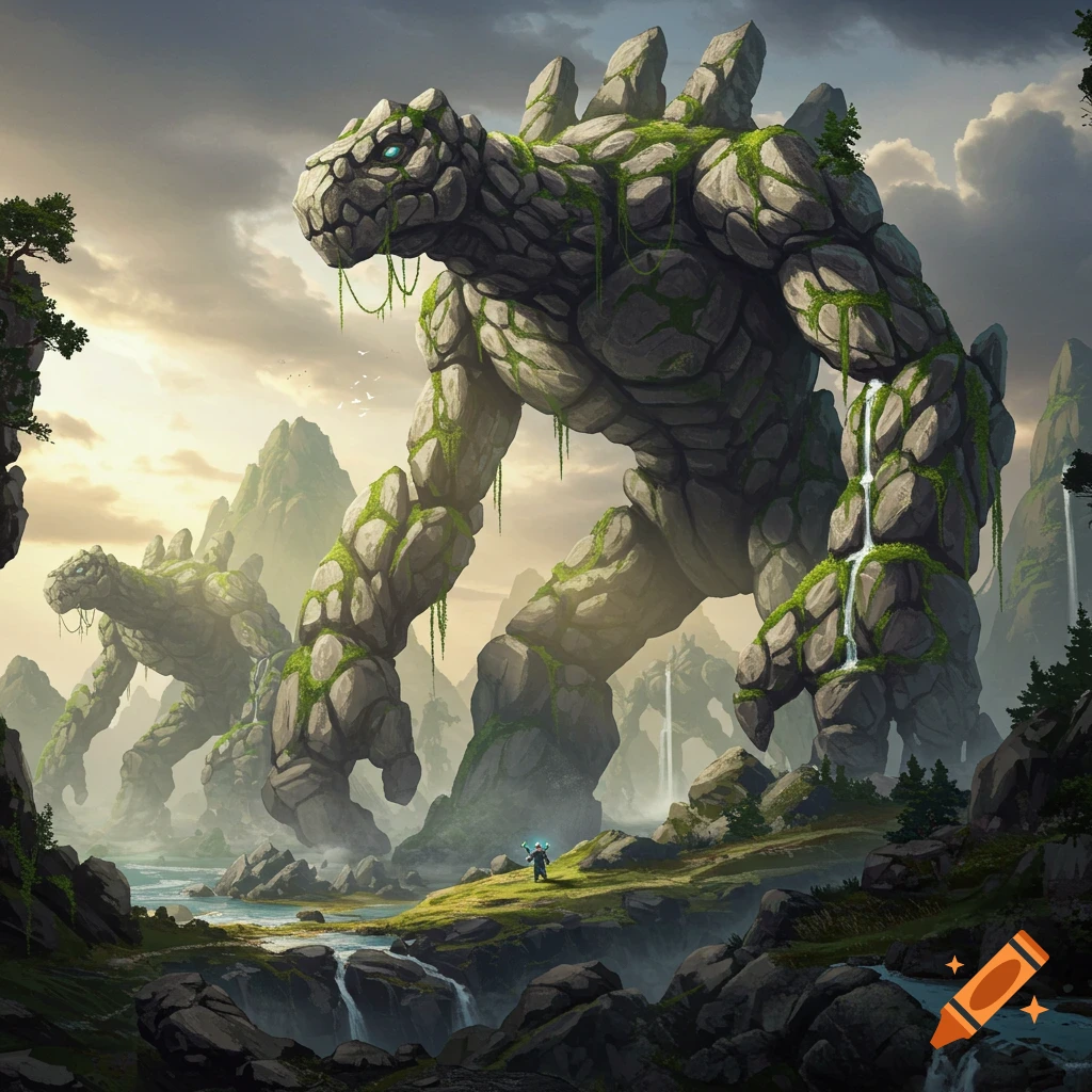 Massive moss-covered rock giants loom over a misty, mountainous fantasy landscape with a tiny figure and waterfalls.