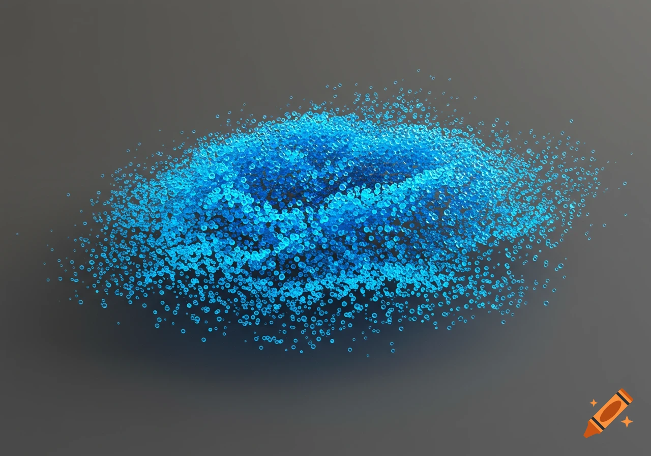 A large cluster of tiny, neon blue spheres forming an abstract cloud-like shape on a dark gray background.