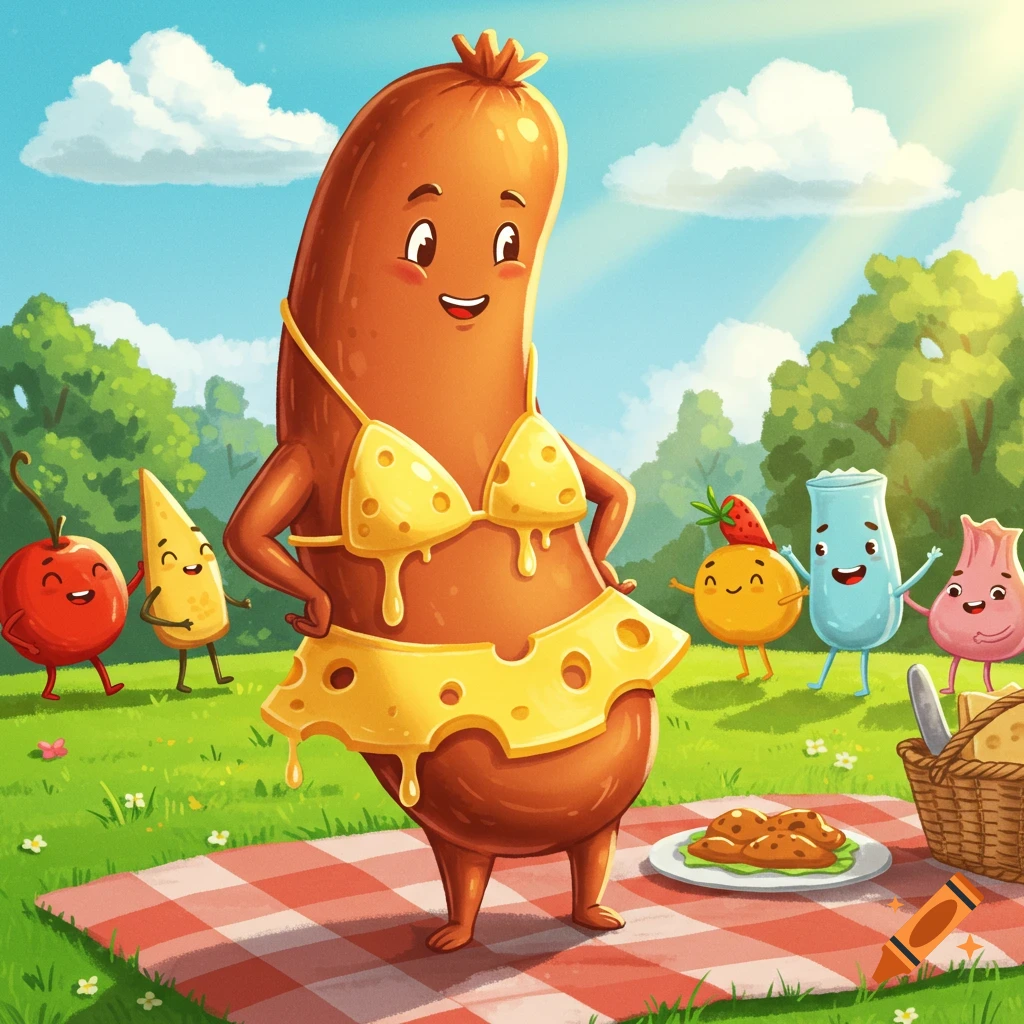 A cartoon bratwurst in a cheese bikini stands on a picnic blanket, surrounded by other smiling food characters in a sunny park.