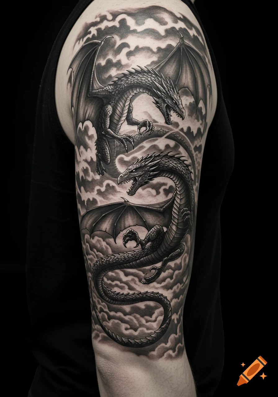 Realistic black and white tattoo of two dragons flying amidst clouds on a person's upper arm.