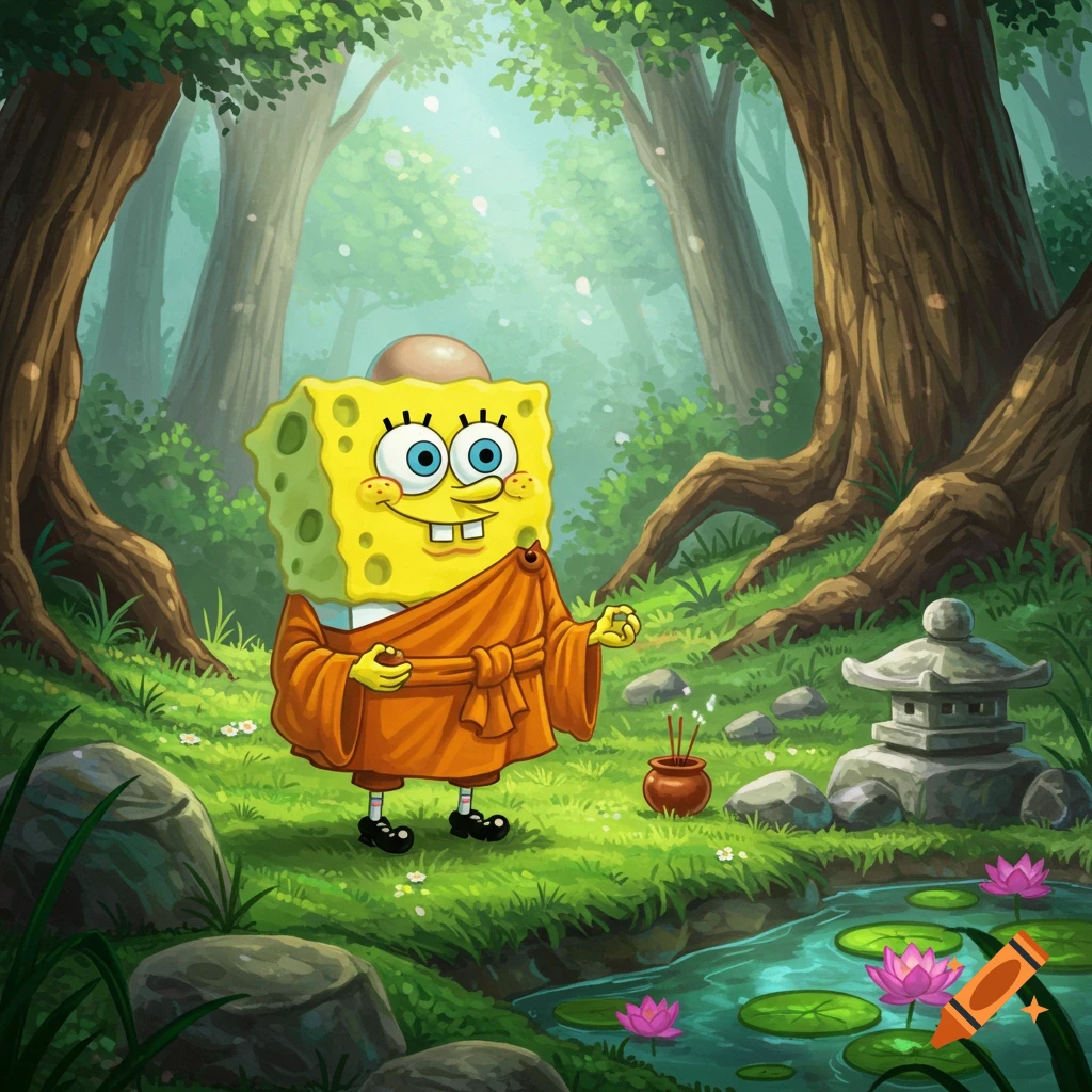 Spongebob Squarepants as a monk in an orange robe, standing in a serene forest with a pond, lotus flowers, and a stone lantern.