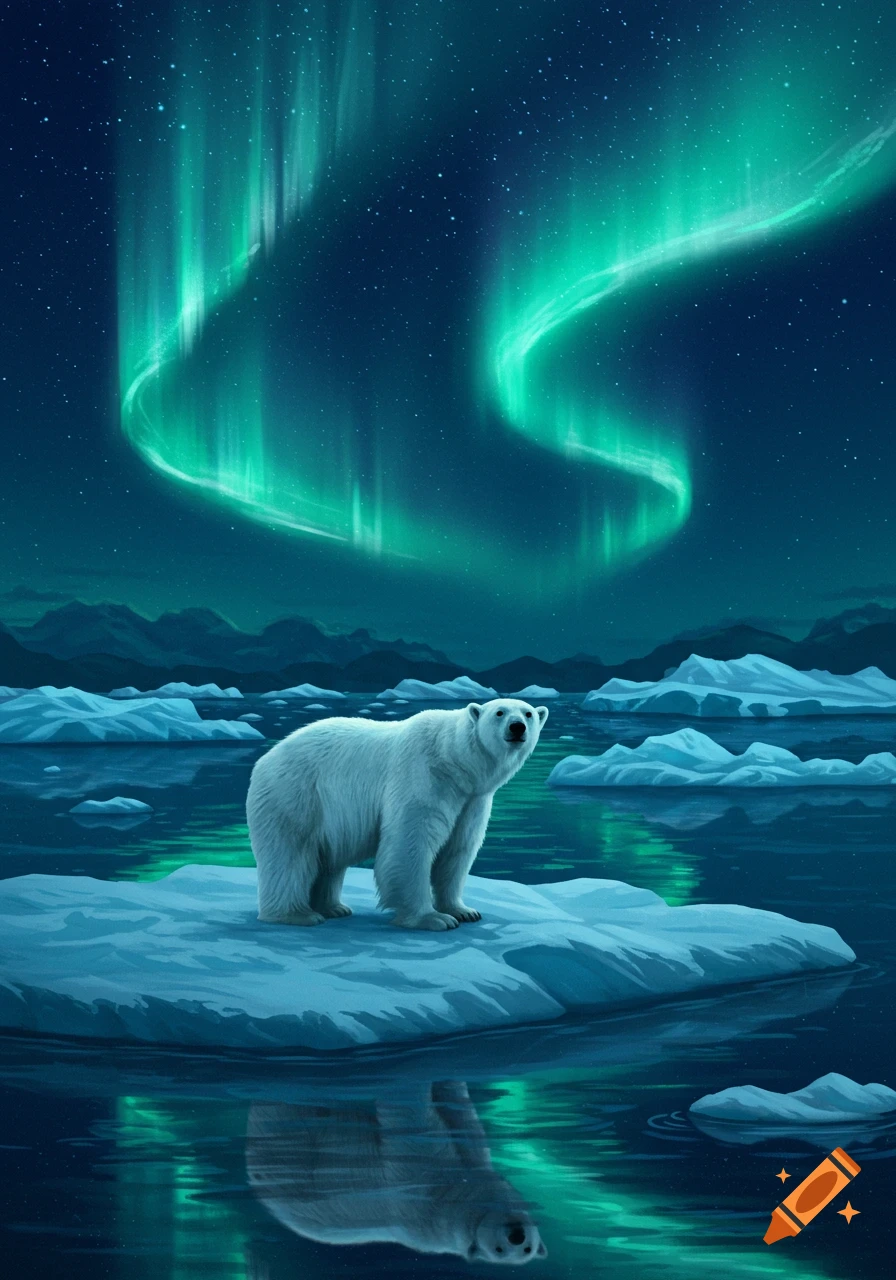 A polar bear stands on an ice floe in arctic waters under a vibrant green aurora borealis night sky.