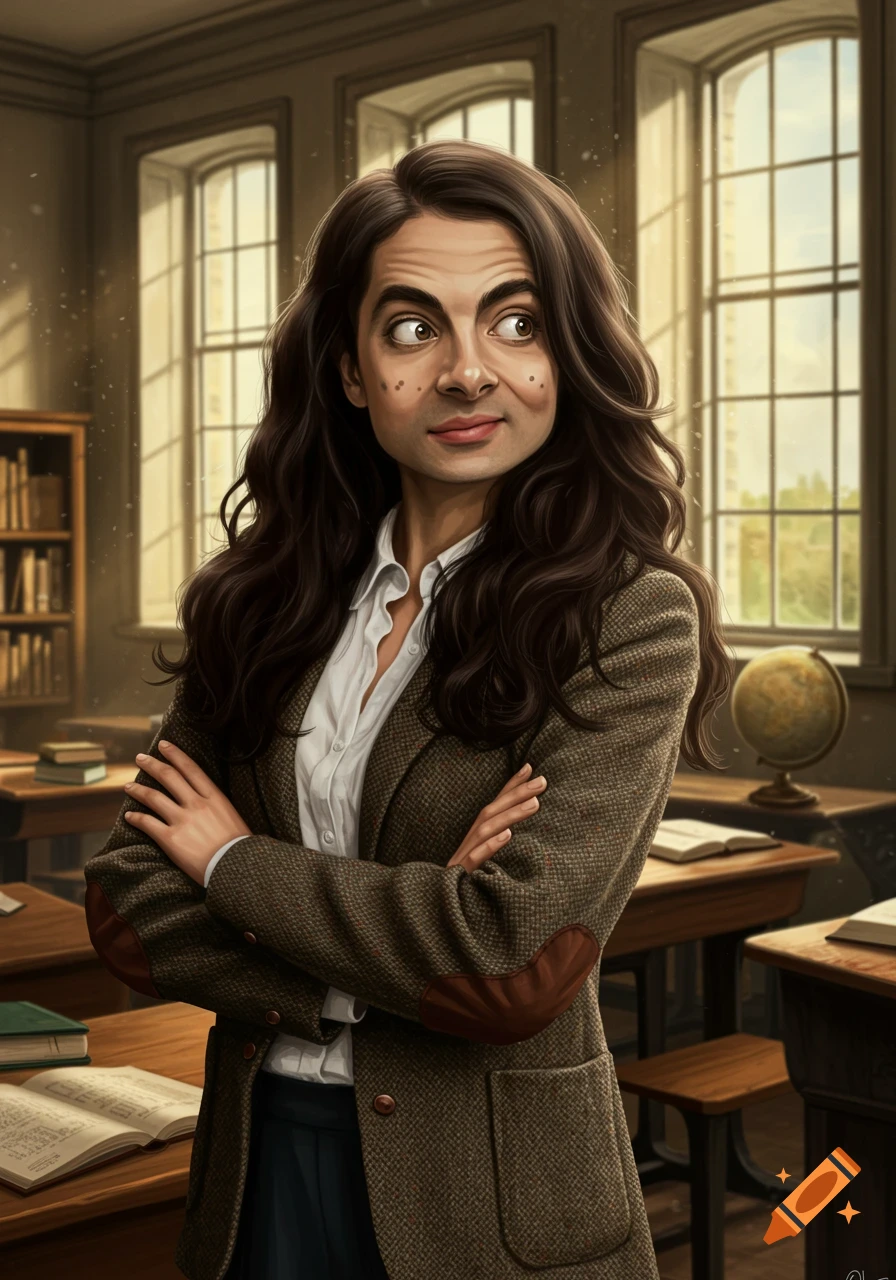 A caricatured female Mr. Bean with long dark hair, dressed as a teacher, stands with arms crossed in a sunlit classroom.