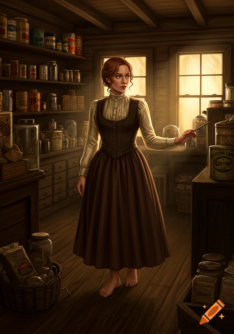 A woman in a historical brown dress and white blouse stands barefoot in a dimly lit pantry, surrounded by shelves of jars and cans.